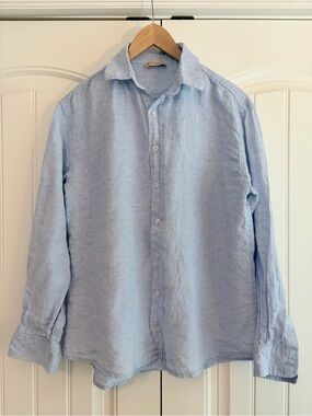 Puro Lino Made in Italy Linen Button Up Shirt Women's Sz M Blue Long Sleeve